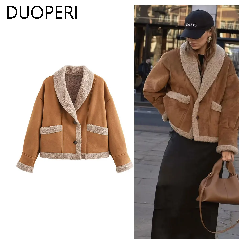 DUOPERI Women Fashion Brown Single Breasted Jackets Coat With Pockets Lapel Neck Long Sleeves Female Chic Lady Outfits