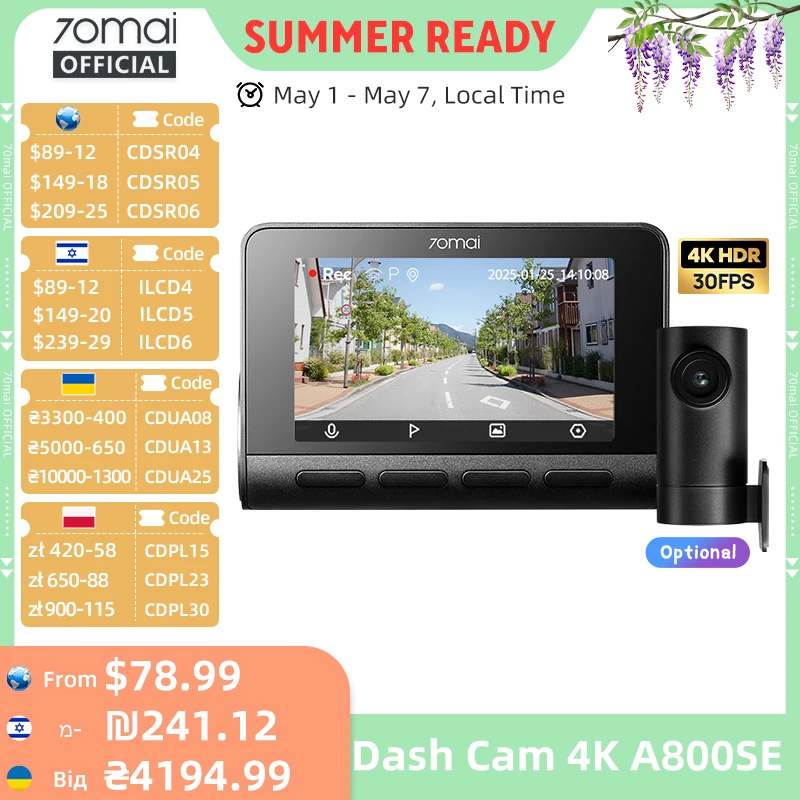 70mai A800SE 4K Car DVR Support Rear or Interior Cam 24H Parking