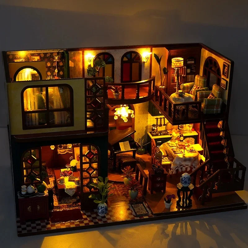 DIY Wooden Retro Attic Loft Cottage Miniature Dollhouse 3D Puzzle Assembly Model Kits for Adults Birthday Gifts Toys Home Decor