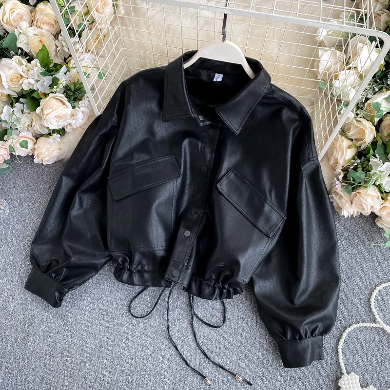 Blouson de motard en faux cuir PU femme, décontracté coréen, noir court, simili cuir, proximité wstring, ourlet à la taille, grande poche, revers manches longues, printemps