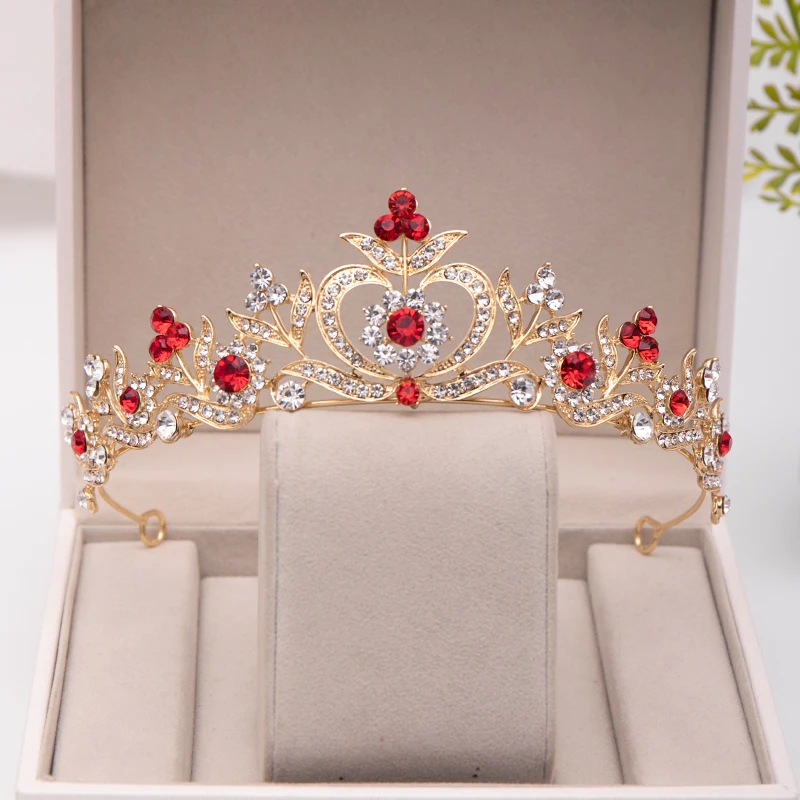Trendy Gold RedRhinestone Crystal Crown Flower Bridal Hair Accessories Wedding Headpiece Hair ornaments Bride Hair Jewelry crown image 3