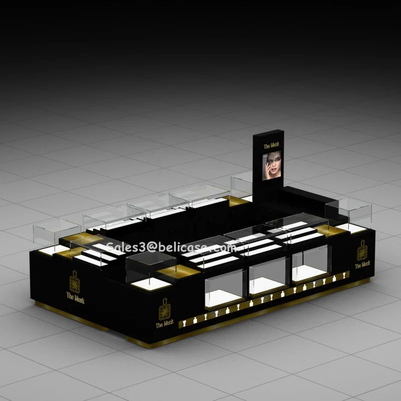 Preto e Ouro LED Perfume Shop Counter, design personalizado Showcase
