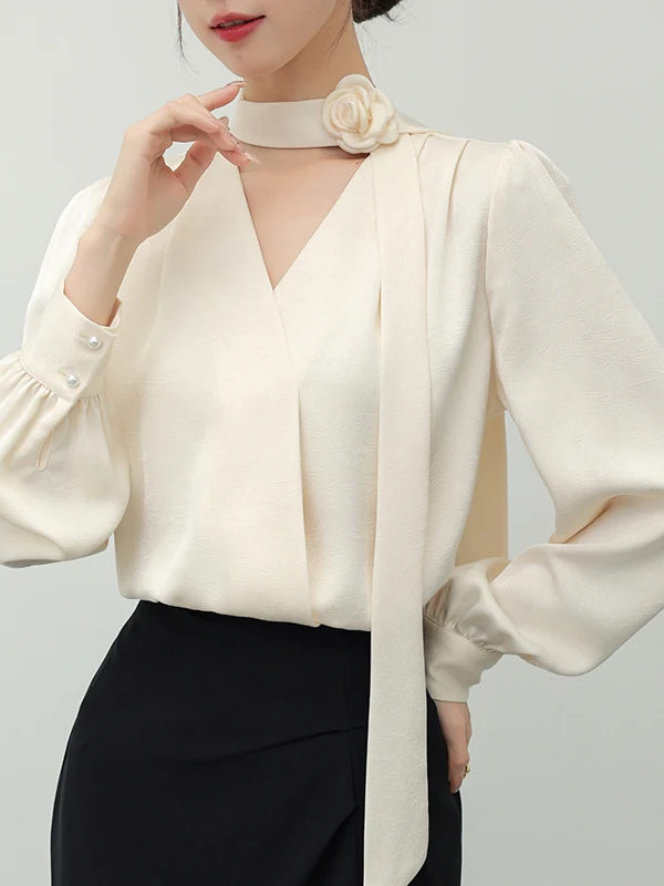 

Ele Long Sve Chiffon irt Women's Autumn New Sle Profional Faionable Top Rose Bouquet Sa Korean Version Loos...