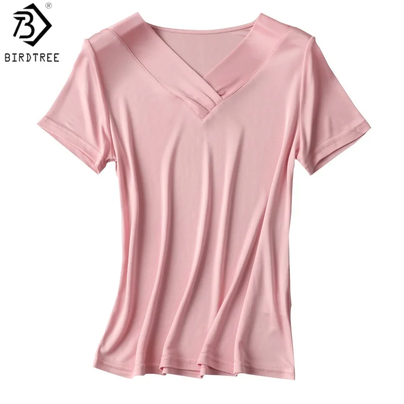 Birdtree, 23% Real Silk 77% Viscose Solid T Shirt, V-neck Soft Knitted Tops, Women Short Sleeve Shirt, 2026 Spring New T62109JF