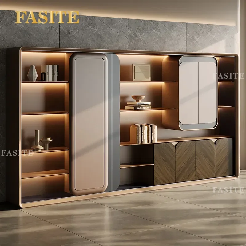 For Office File Cabinet with Light Floor Standing Bookcase Storage Shelf Modern Wooden Furniture for  Home Study