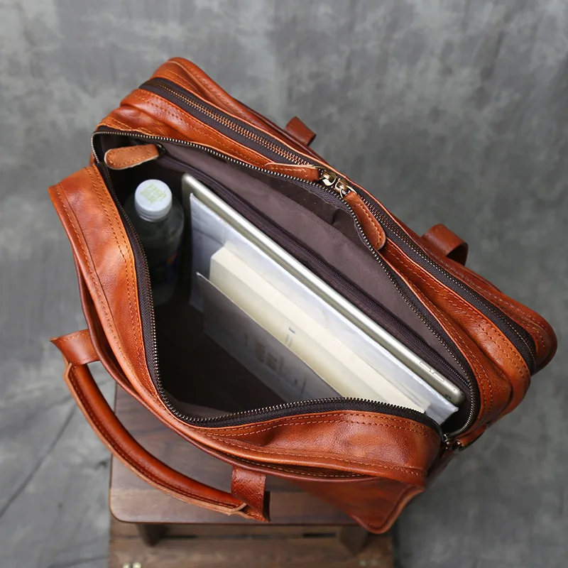 Borsa a mano in pelle retrò di nicchia da uomo fatta a mano con spazzolatura dei colori, abbronzatura delle verdure, strato superiore in pelle bovina, grande valigetta per computer