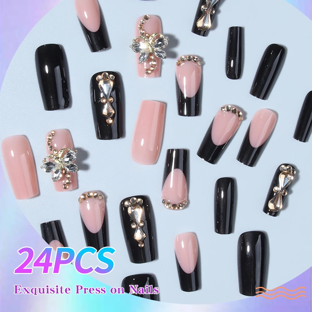 เล็บปลอมอะคริลิคแบบกดติด 24 ชิ้น ทรงสี่เหลี่ยมขนาดกลาง ลายผีเสื้อ 3 มิติ ประดับด้วยเพชร ดีไซน์ปลายเล็บสีดำแบบฝรั่งเศส ยาวพอดี เข้ารูปอย่างสมบูรณ์แบบ