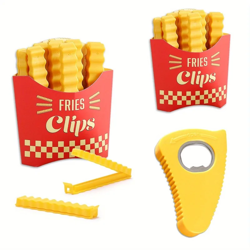 

24 cute French fry shaped bag clips, 1 small yellow magnetic can opener, bag clip bottle opener for sealing opened food packages