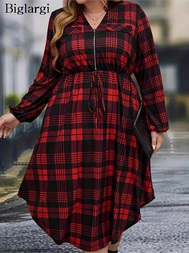 Plus Size Autumn Plaid Striped Print Midi Dress Women V-Neck Fashion Irregular Ladies Dresses Cause Loose Pleated Woman Dress