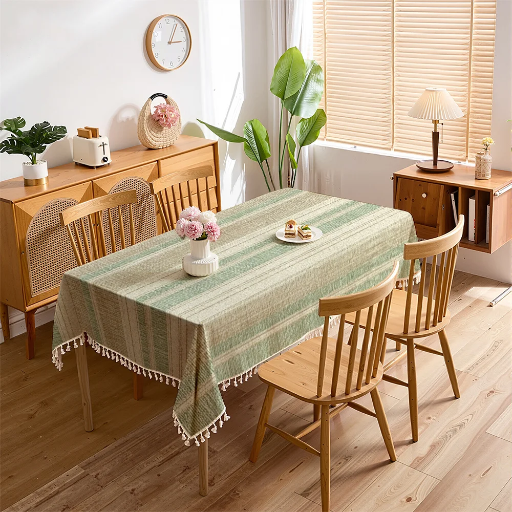 2D Flat 2026 Spring New Natural Green Brown Linen Texture Stripe Forest Retro Printed Tassel Tablecloth