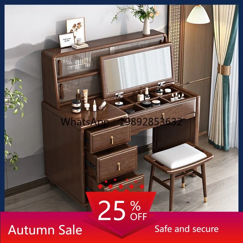 

LYY New Chinese Style Solid Wood Dressing Table Walnut Small Apartment Flip Storage Makeup Table Two-in-One with Mirror