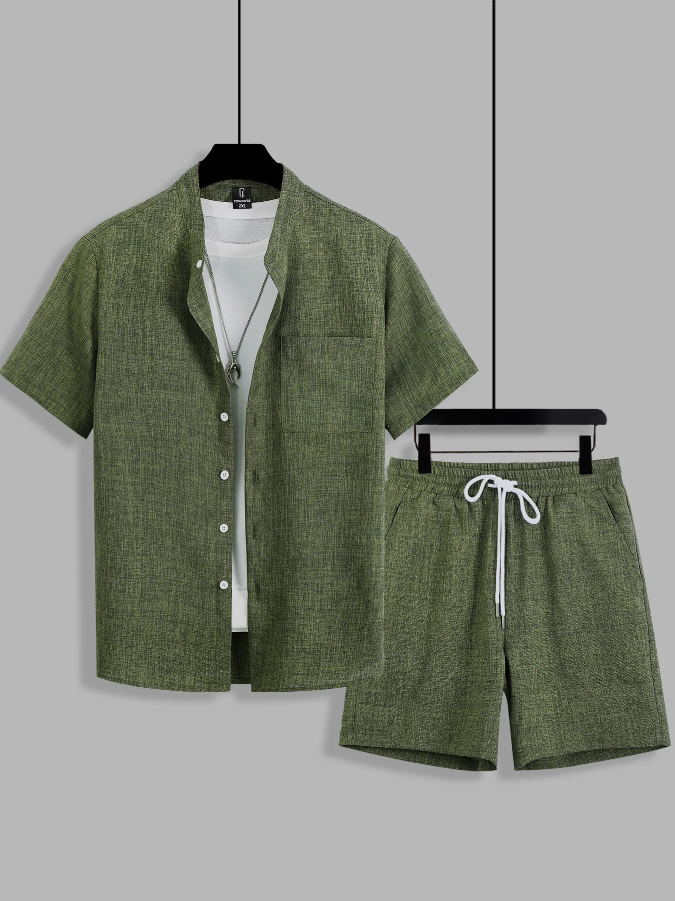 

Summer Men's Cotton Linen Texture Stand Collar Short Sleeve Shirt & Shorts Set, Loose Comfortable Breathable Daily Casual Two-Pi