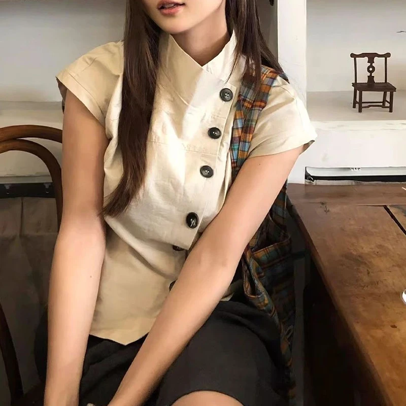 

Нежный, элегантный, милый, очаровательный топ в стиле кавай, американский летний топ в стиле хай-стрит, винтажный, модный, универсальный топ с короткими рукавами и пуговицами.