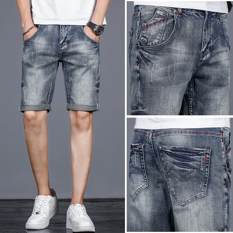 

Summer retro denim shorts men's slim fit trendy Korean style personalized skinny jeans men Distressed streetwear pants