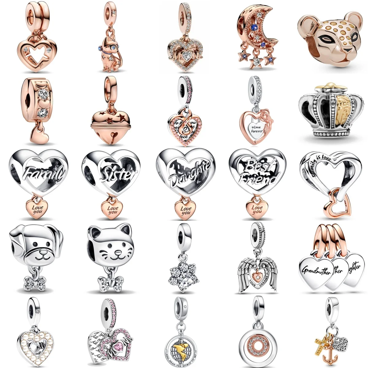 New S925 Silver Rose Gold Double Color Sisters Family Dog Leopard Charm Beads Fit for Original Bracelet DIY Boutique Jewelry