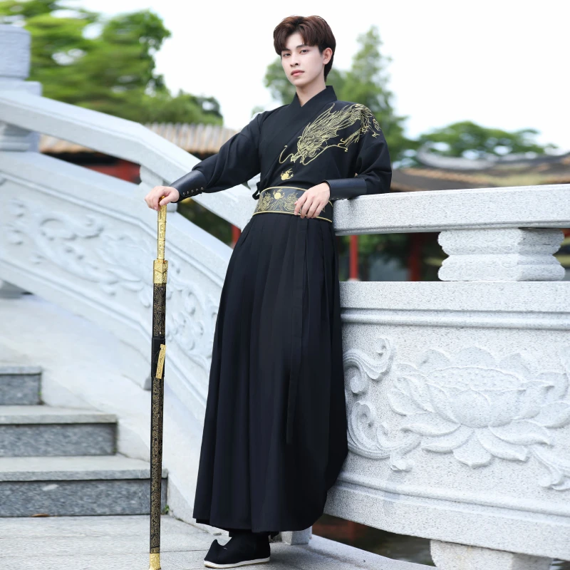 Hanfu negro Guerrero para hombres, estilo étnico tradicional chino, Phoenix bordado, fiesta samurái japonés, Cosplay, disfraz de espadachín