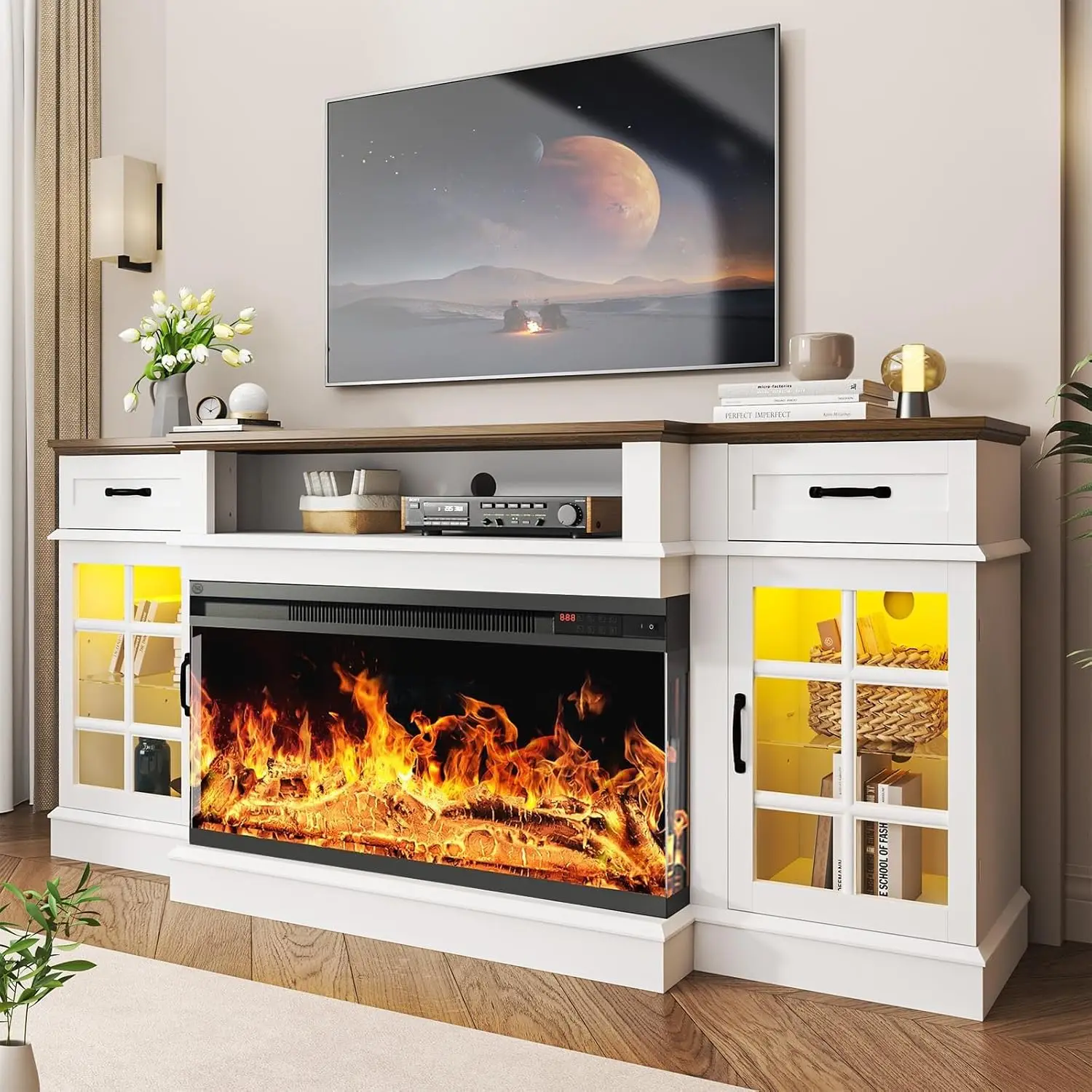 70'' Farmhouse TV Stand with 36'' Electric Fireplace, 3-Sided Glass, LED Flame Lights, Storage Drawers & Cabinets, Customized