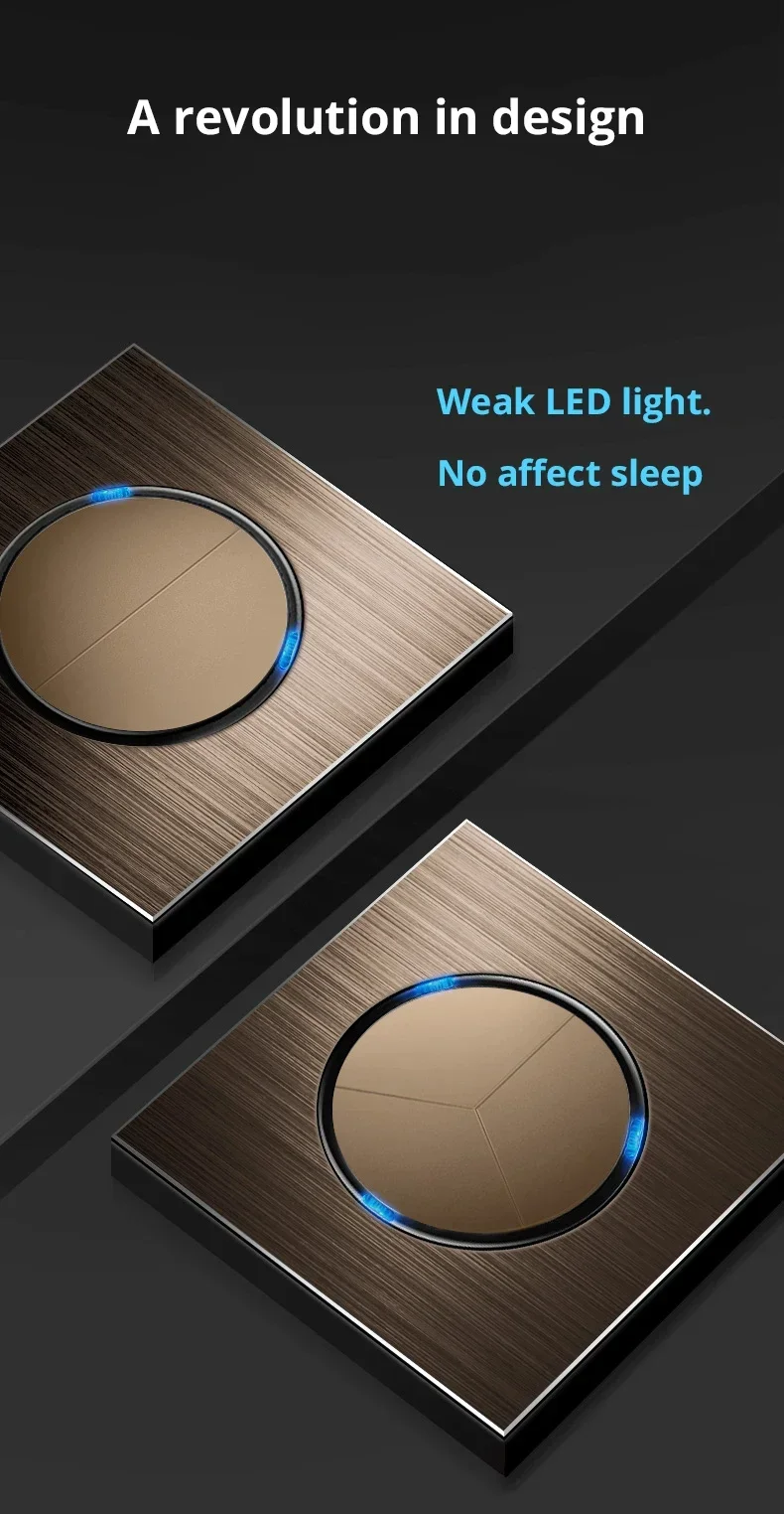 Picture 6: Brown Metal Wall Switch Round LED Light Button 1 2 3 4 Gang Light Switch Brushed Aluminum Plate L6 Series