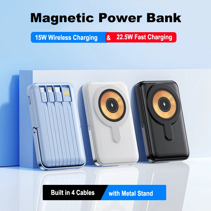 20000mAh Transparent Magnetic Wireless Charger Power Bank Built in Cable for iPhone 17 16 X Samsung Huawei Xiaomi Mini Powerbank