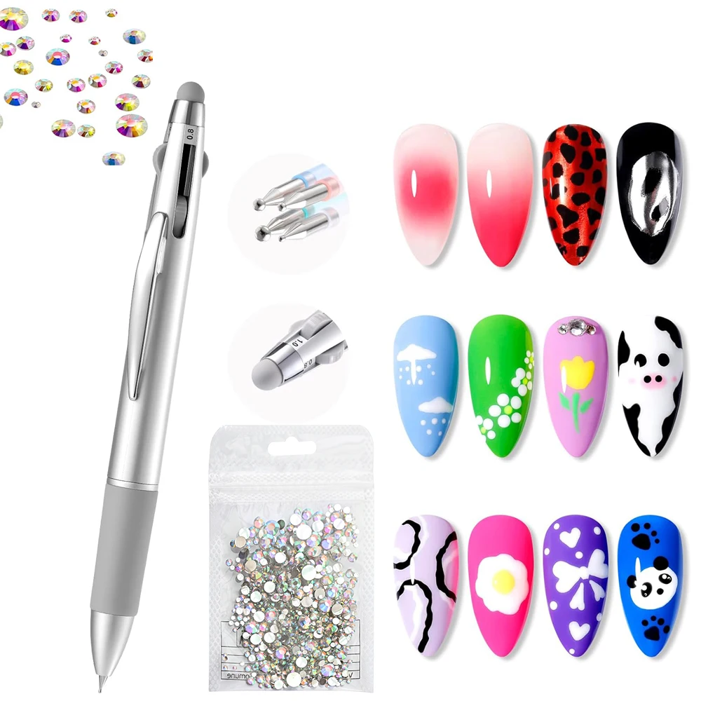 5-in-1 Nail Art Dotting Pen Mirror Chrome Powder Brush Ballpoint Pen Design Nail Art Tips Dot Painting Brush Rhinestone Picker