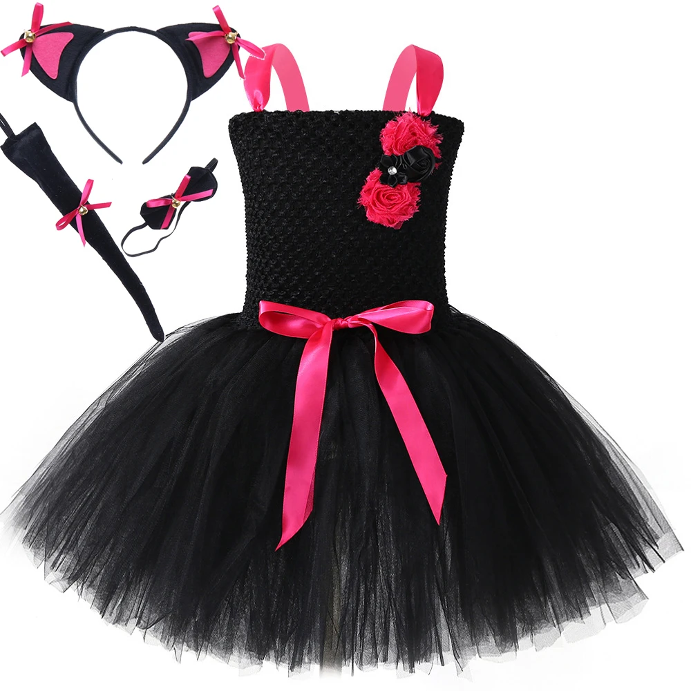 

Baby Girls Hot Pink Black Cat Tutu Dress for Kids Birthday Party Kitty Outfit Animal Halloween Costumes with Ears Bow Tail Set