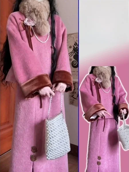 

plus Size Pink Stand Collar Jaet And Skirt Set Beautiful Chinese Sle Women's Faion Spring Outfit Warm Loose Fit irt