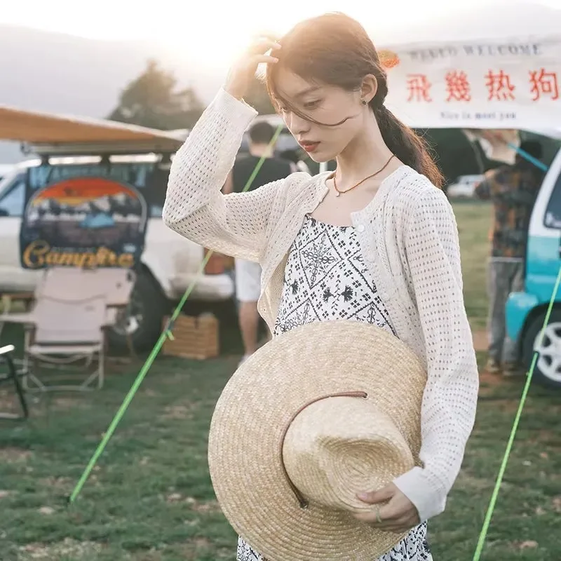 Retro Minimalist Women Apricot Hollow Knit Cardigan Thin Long Sleeve Chic Layering Coat