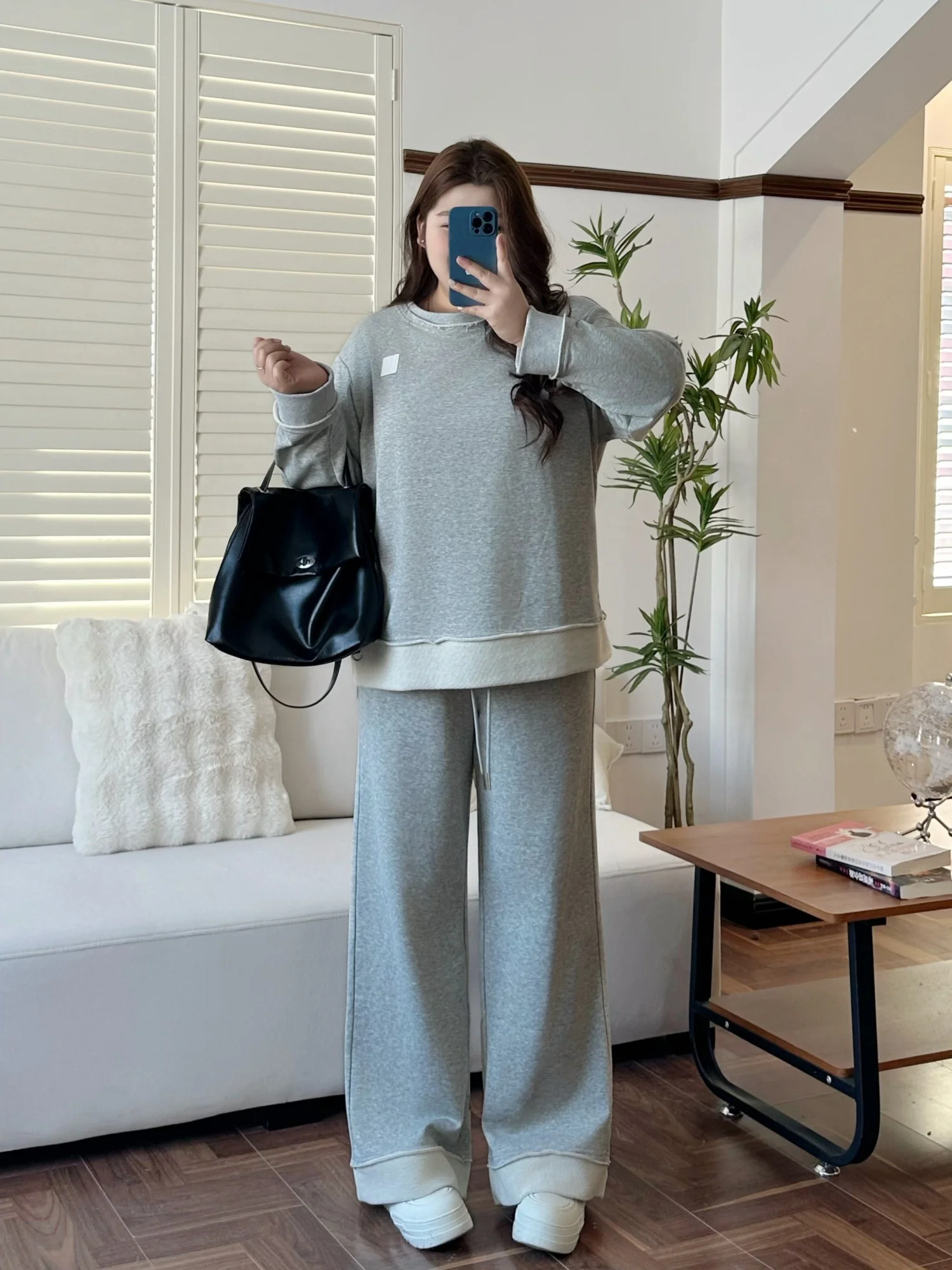 

Casual round Neck Sweatshirt Pants Set Large Size Women's Spring New Style Simple Fashion Two-Piece Cotton Polyester Blend