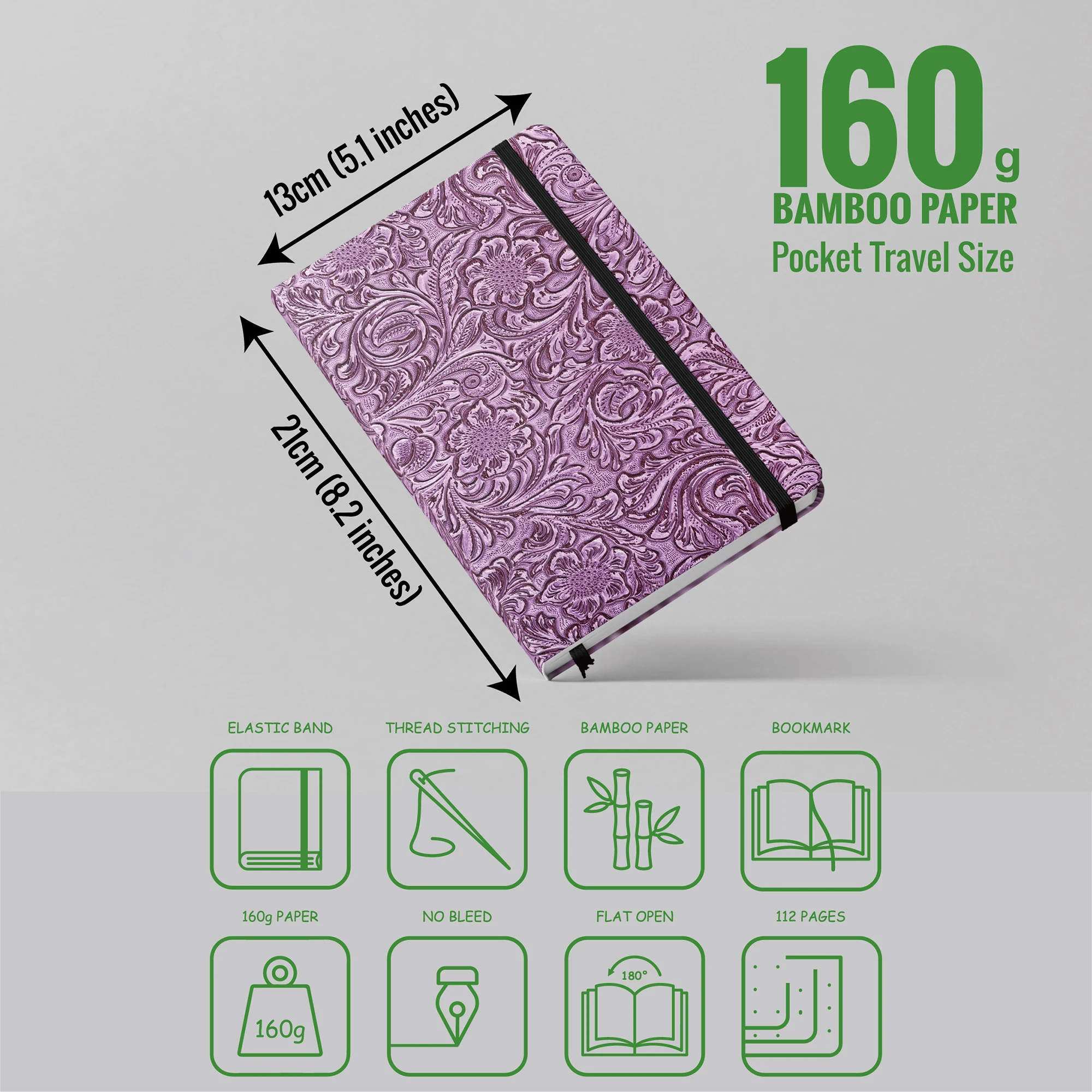 BUKE Retro-Notizbuch mit Blumenmuster und Punkten, 3D-geprägtes Kunstleder, A5-Format, Hardcover, 160 g/m² dickes Papier, Notizbuch mit 5x5-mm-Punktraster. – Detail 5