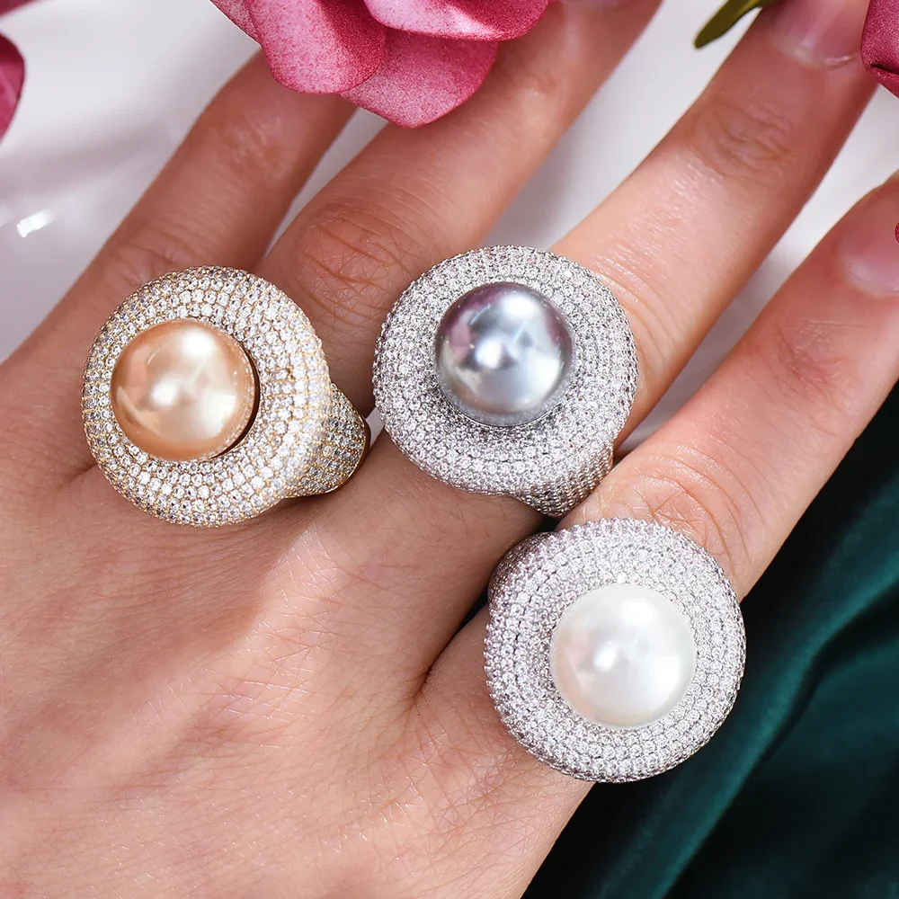 

Soramoore Gorgeous Luxury Big Round Pearl Rings For Noble Women Bridal Wedding Party Anniversary Best Gift Jewelry High Quality