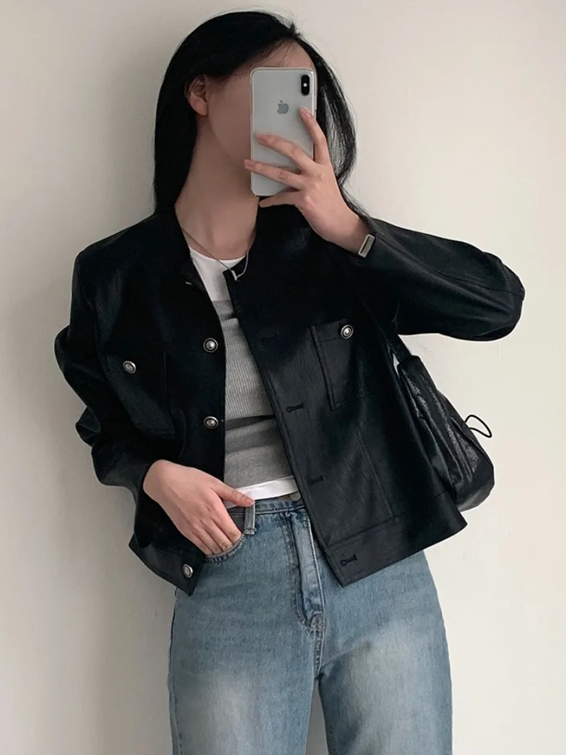Cappotto Jaet in pelle PU Bla casual allentato da donna chic autunno nuovo con colletto alla coreana lungo taglio dritto