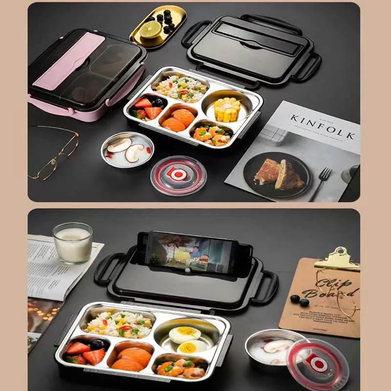 Leak-Resistant Stainless Steel Bento Lunch Box with 5 Compartments Lunch Bag and Tableware Eco-Friendly Dishwasher Safe BPA Free