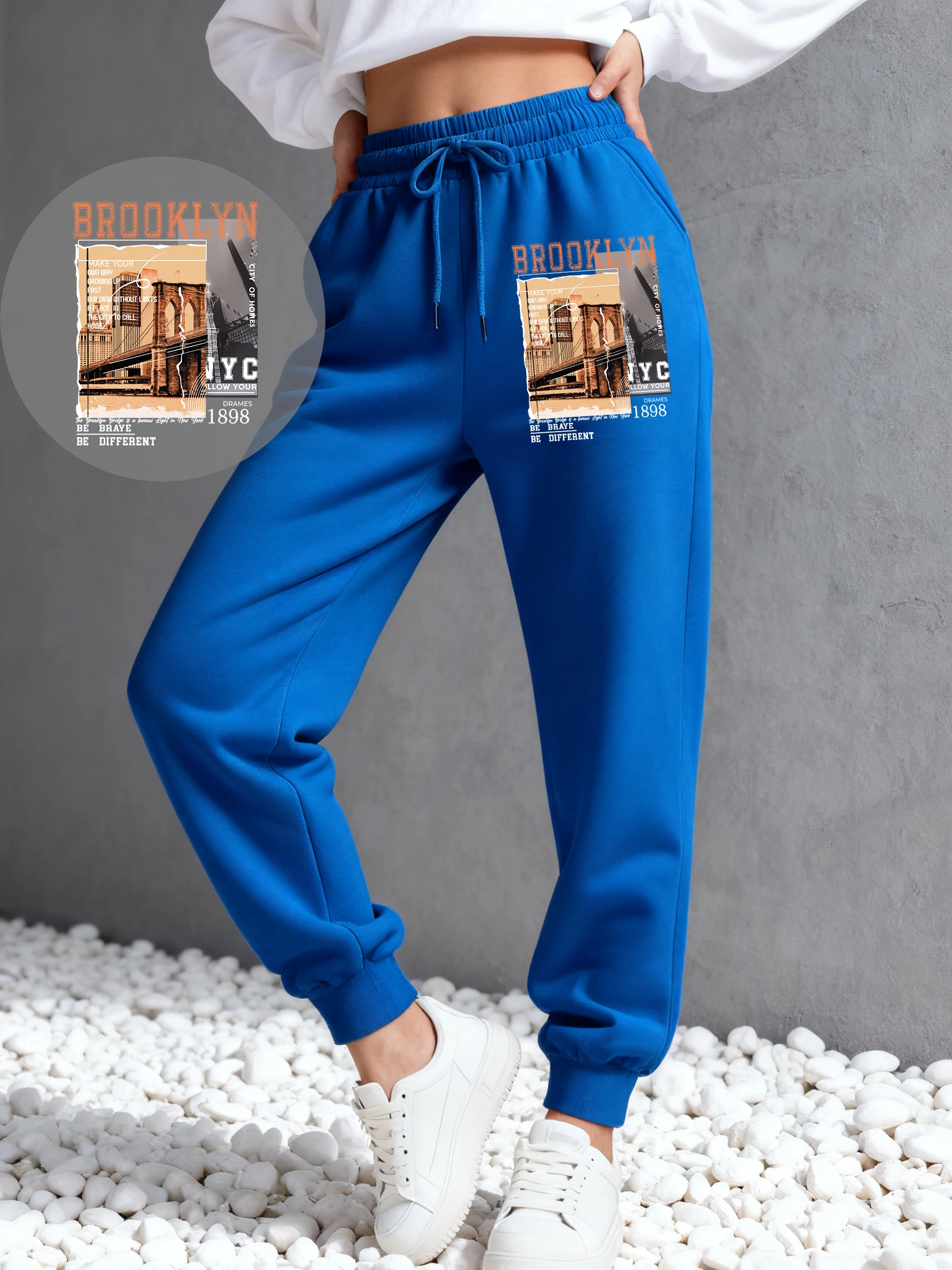 Brooklyn New York City Bridge Scenery Printing Women Pants Fleece Autumn Trousers Street Soft Y2K Jogging Pant Casual Sweatpants