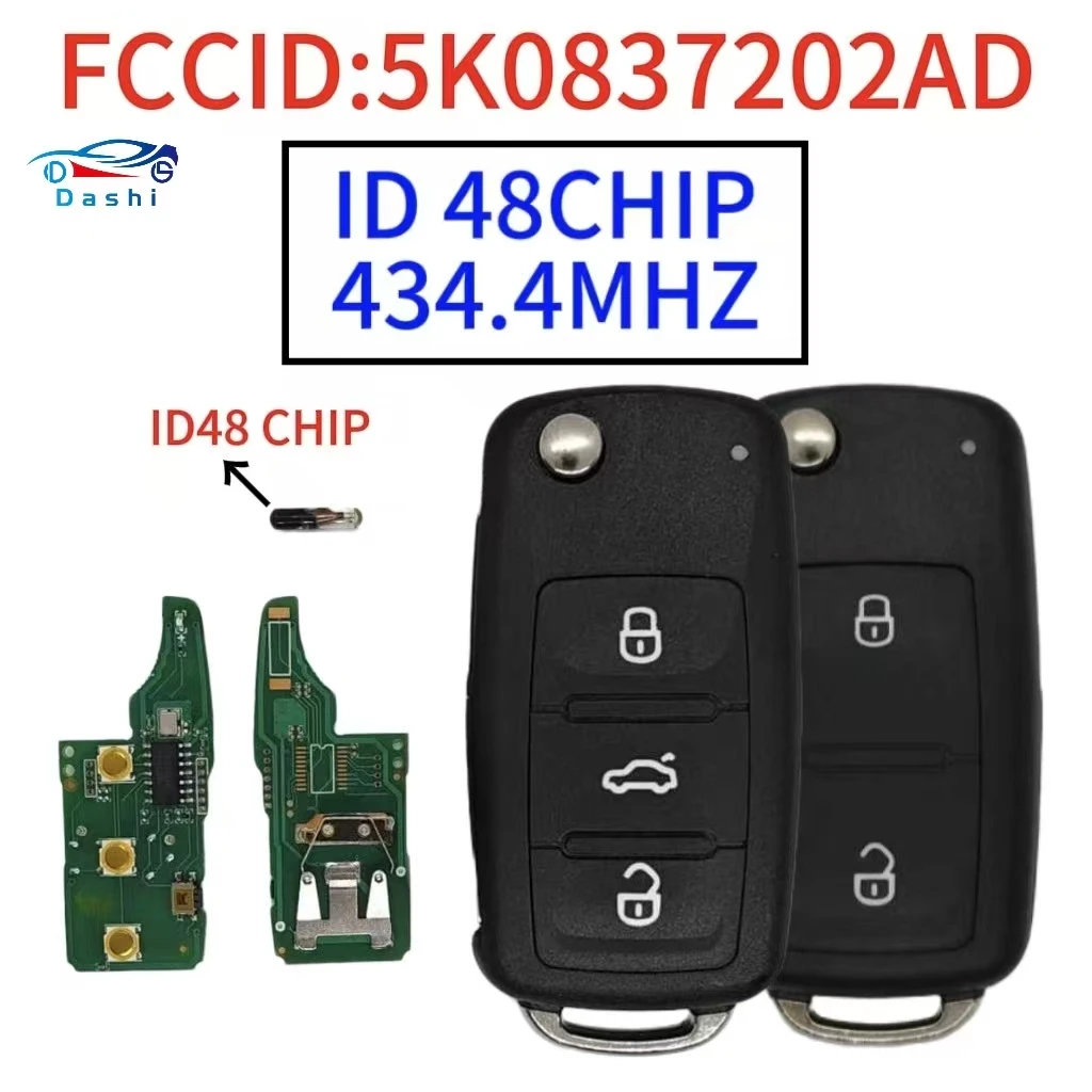 

Da Shi for VW Polo Sedan Golf 6 Passat B6 Volkswagen Touran Bora 433MHz ID48 Chip 2/3buttons Flip Remote Key FCC 5K0837202AD