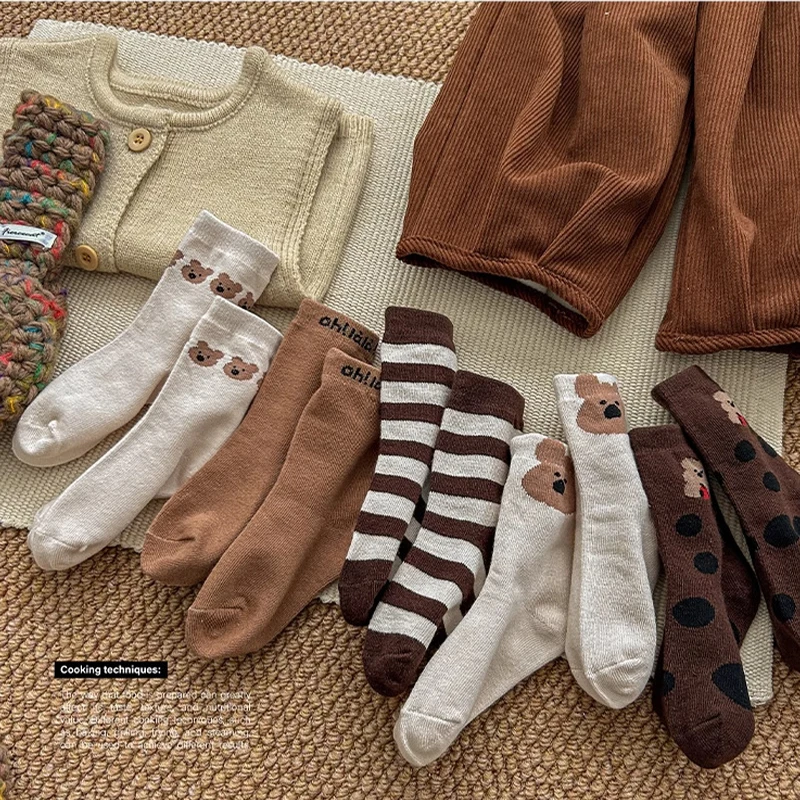 5Pairs Cute Bear Socks For Kids Autumn Winter Warm Cotton Sock 2-8year Boys Girls Baby Middle Tute Socks Soft Children Footwear