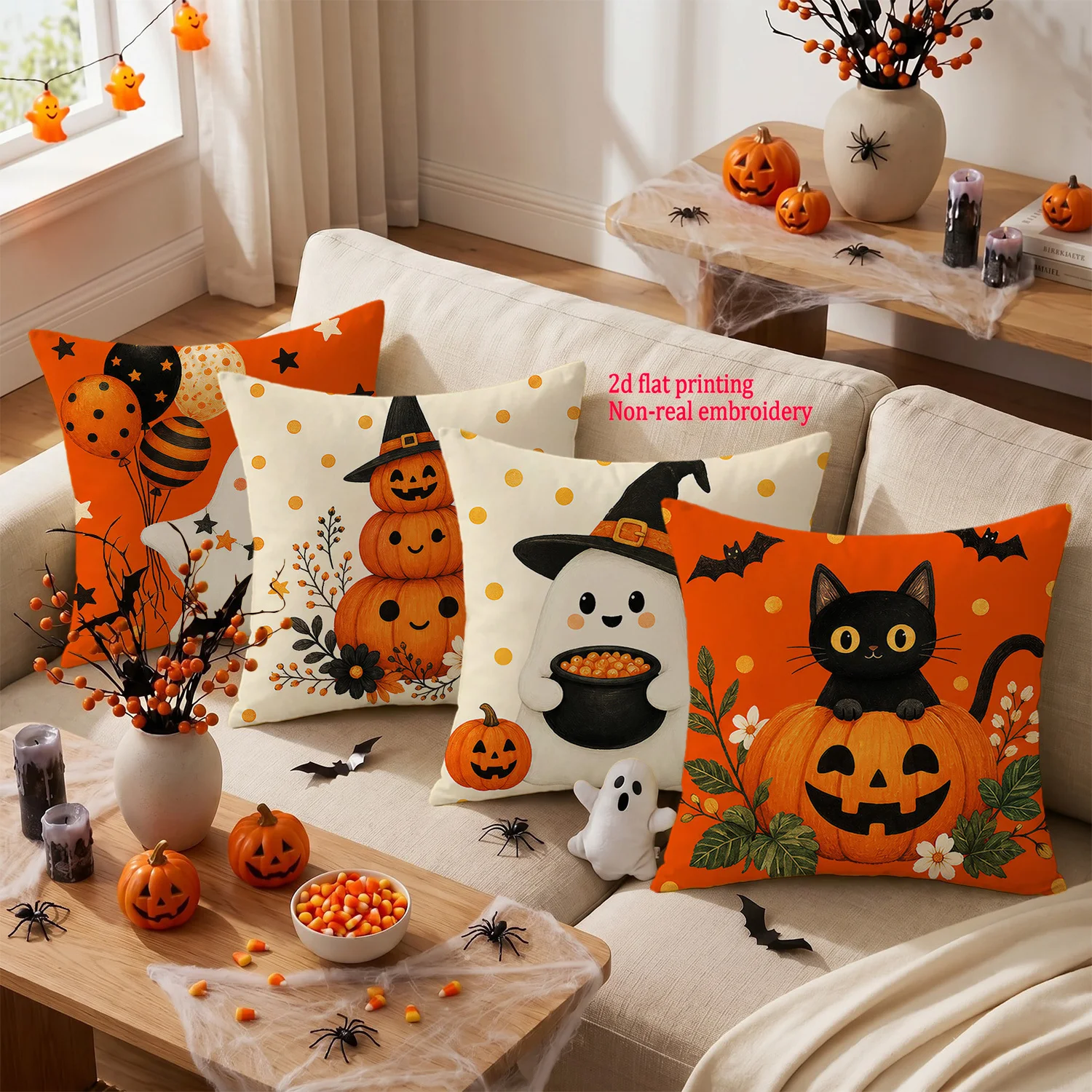 2D Flat Print Halloween Contemporary Throw Pillow Covers, Non-Real Embroidery Cat And Ghost Cushion Covers, Fall Home Decorative