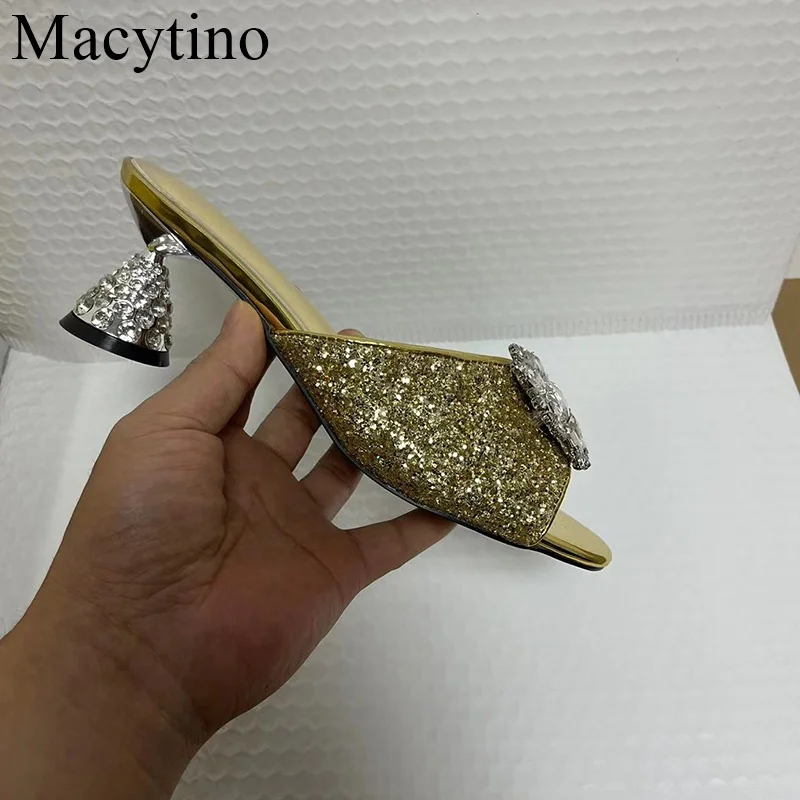 2024 Summer Rhinestone High Heels Cool Slippers Women Fashionable Wine Glasses With Sandals Pedal Women\'s Shoes Word Flops