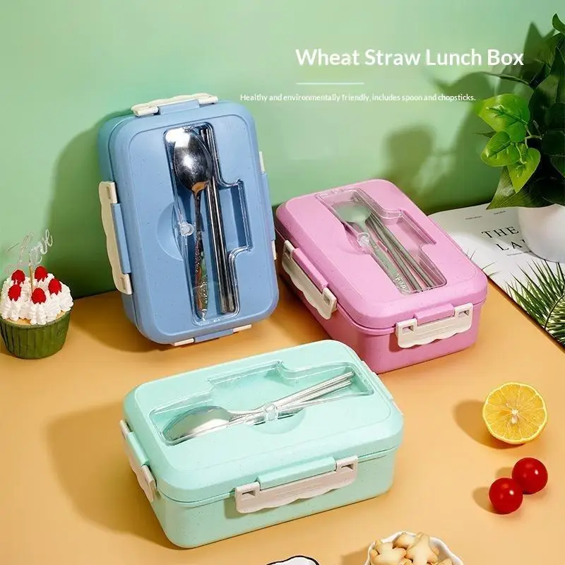 Lightweight Microwavable Lunch Box Food Grade Plastic Storage Container with Spoon Chopsticks for Student Dorm