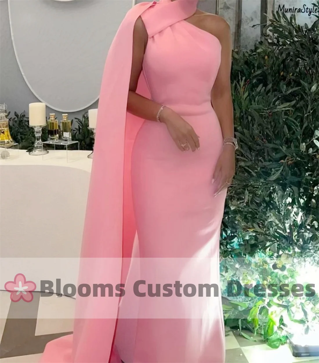 Blooms Pink One-shoulder Customized Evening Dresses For Prom Cape Saudi Wedding Formal Occasion Floor-length Party Gown