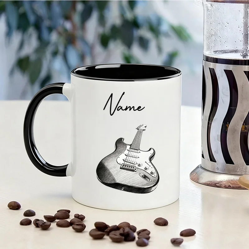 Customized design featuring an electric guitar theme. The white cup showcases an elegant musical pattern, with black edges and