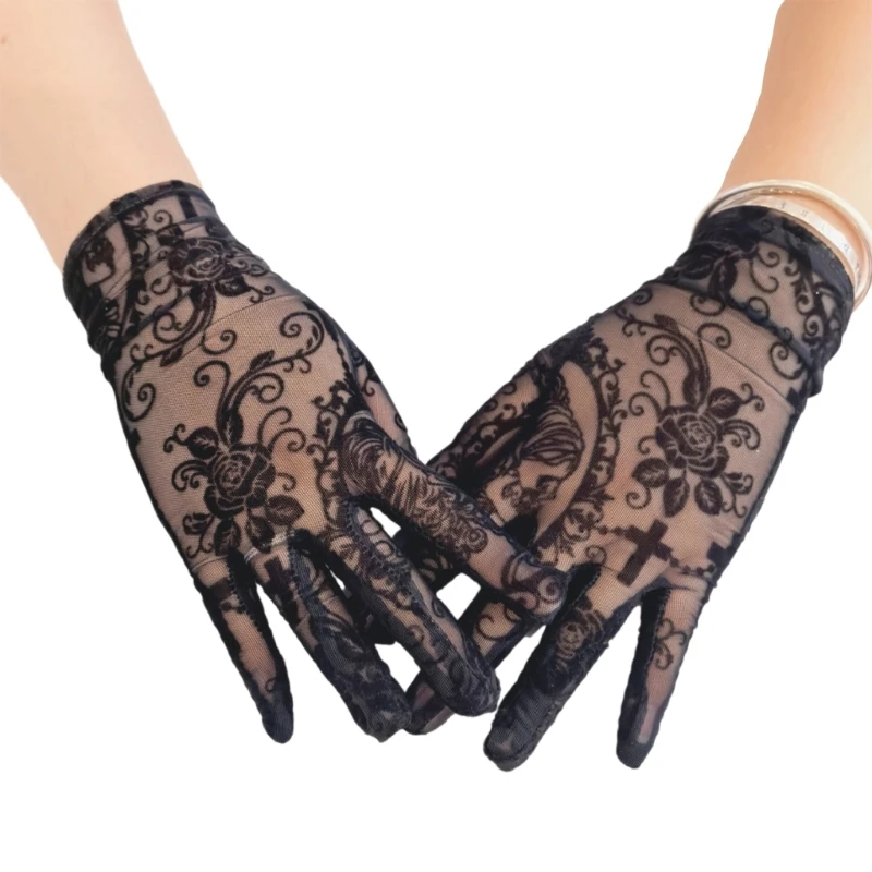 E15F Eye Catching Skull Pattern Lace Gloves For Gothic Costume Event And Roleplay