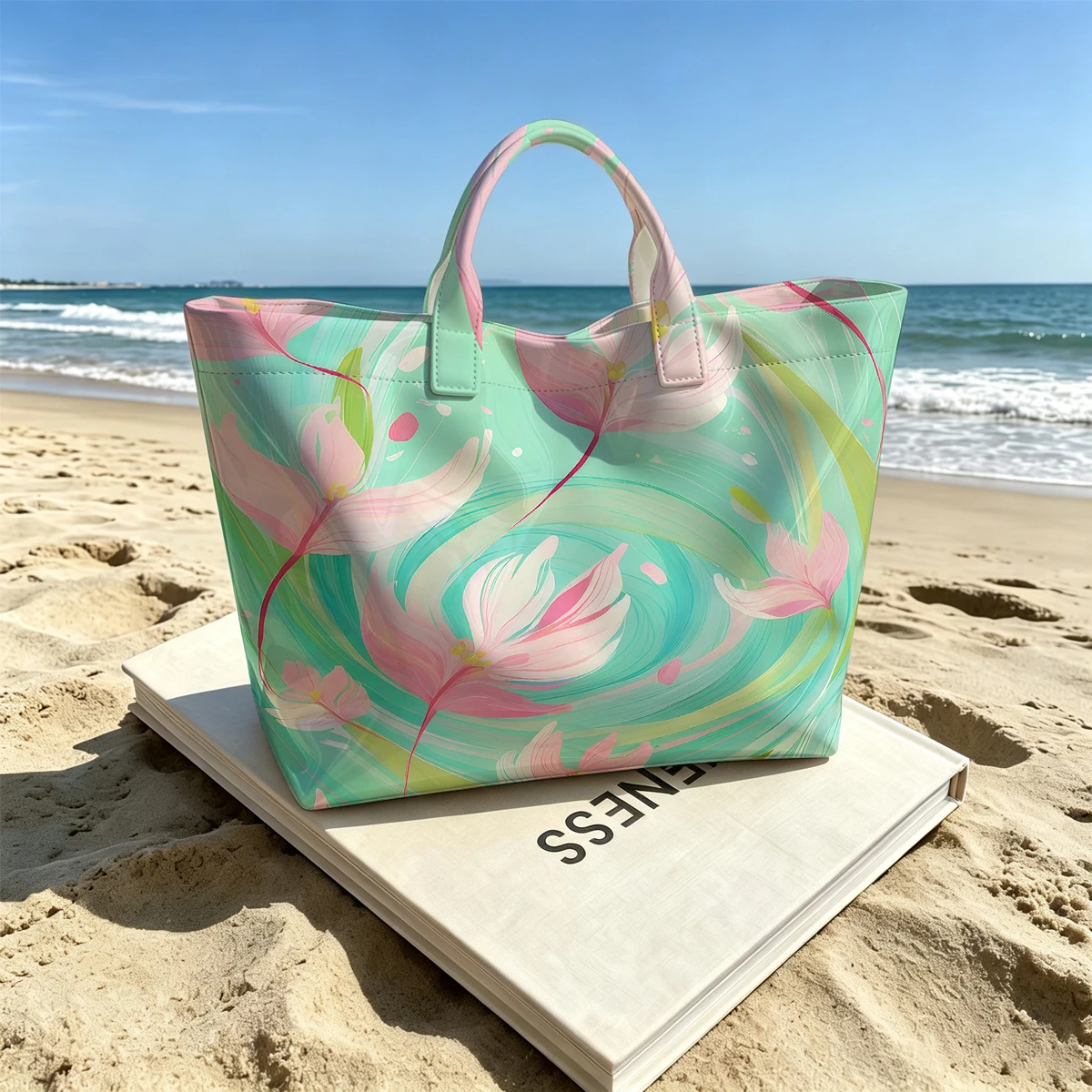 Turquoise Swirl Pink Blossoms Hot Sale Large Glossy PVC Tote Bag Hand Washable Waterproof Great for Travel Commute Handbags