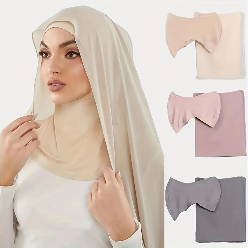 2pcs/set Solid Color Chiffon Hijab Thin Breathable Turban Long Head Scarf With Neck Base Hat For Women Casual Outdoor