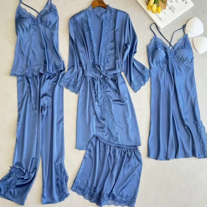 

Female 5PCS Pajamas Set Bride Bridesmaid Wedding Morning Robe Nightgown Satin Lace Pijamas Suit Sleepwear Sexy Lounge Wear