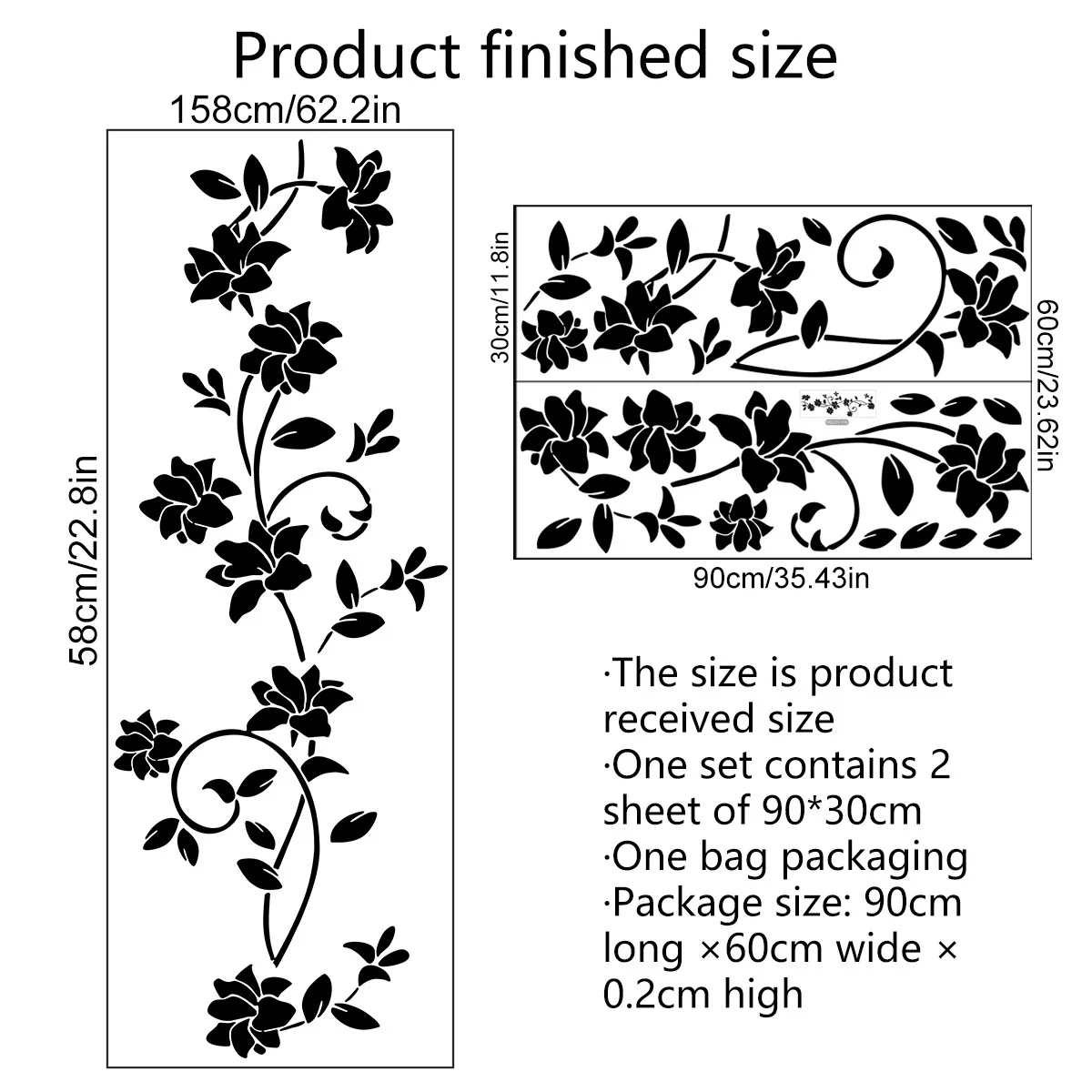 2pcs Black Flower Vine Plant Flower Wall Sticker Creative Background Wall Living Room Bedroom  Decoration Mural Wall Sticker