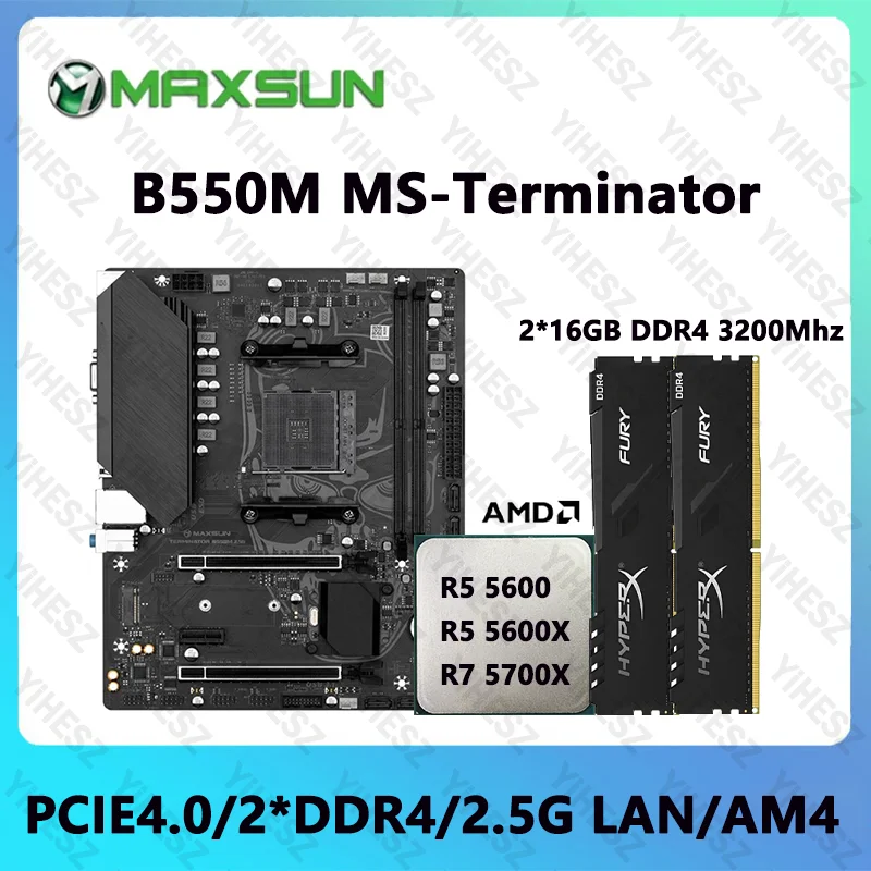 

MAXSUN B550M Motherboard Set With Ryzen 5600/5600X/5700X CPU 2*16GB 3200Mhz DDR4 RAM Support 2.5G LAN PCIE 4.0 MS-Terminator