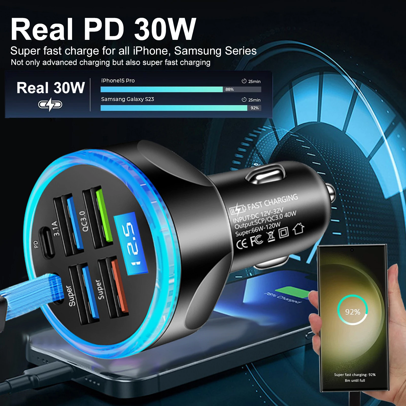 6 Ports LED Digital Display Car Charger Smart IC Chip Fast Charging Super Fast PD 30W Plug for iPhone 17 16 15 14 Pro Max Plus