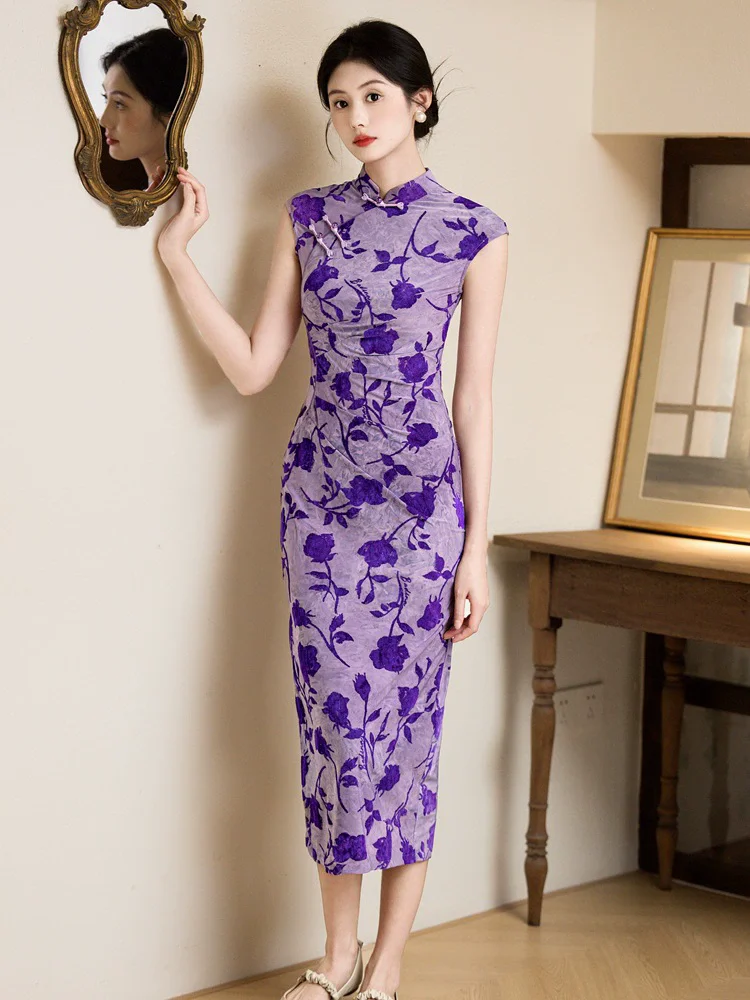 

New Chinese Style Print Flower Dress Large Size 3XL Female Long Qipao Elegan Jacquard Cheongsam Spring Summer Short Sleeve Dress