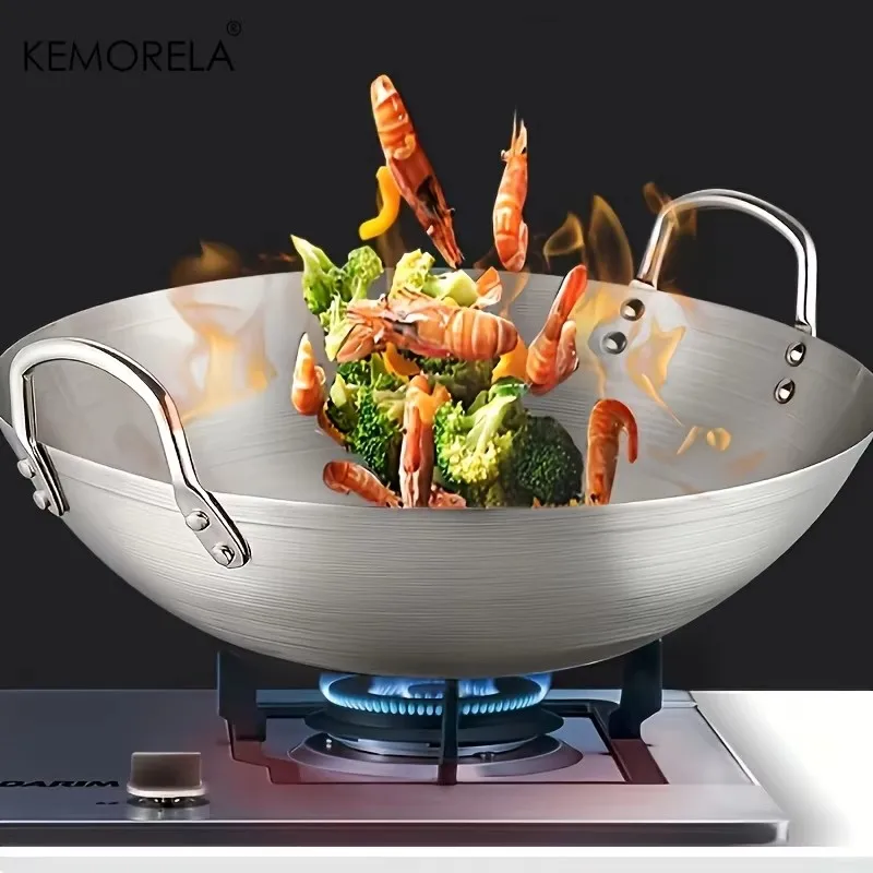 1 Wok Grande de Acero Inoxidable, Sartén de Chef Gruesa y Duradera sin Recubrimiento de Alta Calidad con Doble Asa, Fácil de Limpiar para Uso Comercial