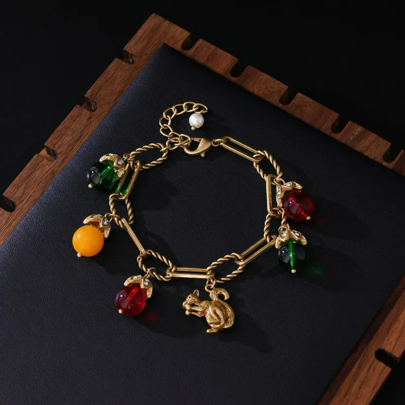 Middle Vintage Metal Squirrel Charms Retro Palace Style Heavy Industry Hand Decoration Color Natural Stone Artificial Bracelets